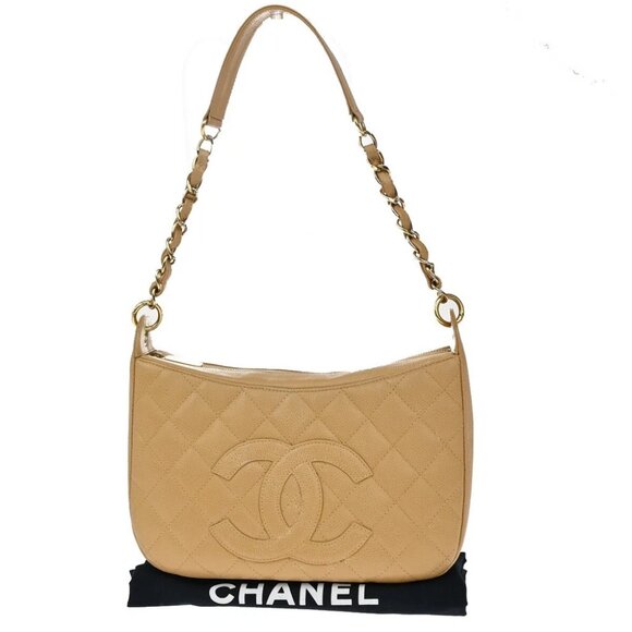 CHANEL Timeless CC Matelasse Chain Shoulder Bag Calfskin Leather Beige